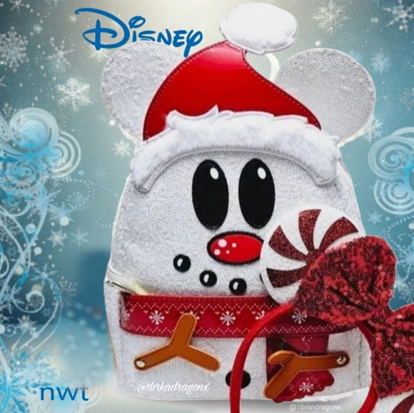 NWT Mickey Mouse Christmas Snowman Backpack Set Ears Wallet Bag Combo Disney - Picture 14 of 16